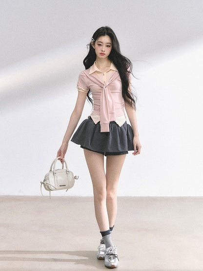 Preppy Style Polo Collar Gray & Blue / Apricot & Pink T-shirt Faux Two-pieces