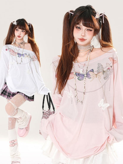 Butterfly-shaped Cutout Detail Back White/Pink Asymmetrical Neckline Top