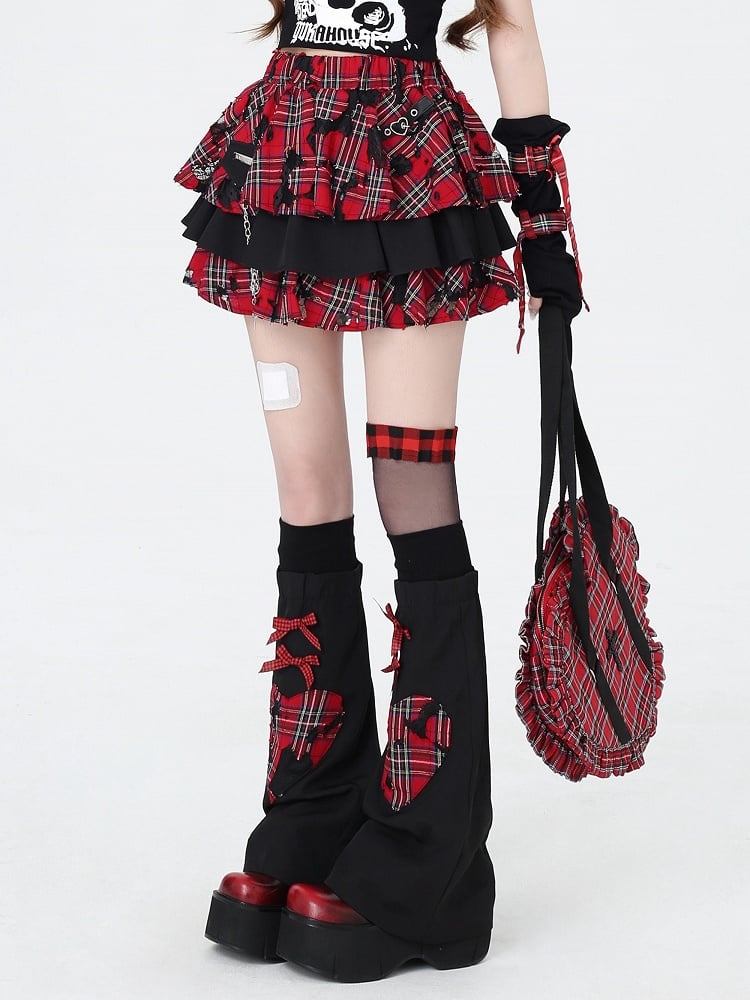 Punk Rock Chain Decorated Red and Black Plaid Tiered Skirt with Free Leg Sleeves