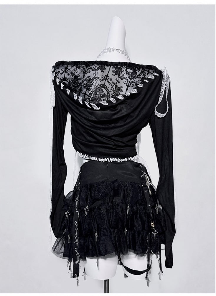 Black Cross Design White Lace Trim Fake Two-piece Top