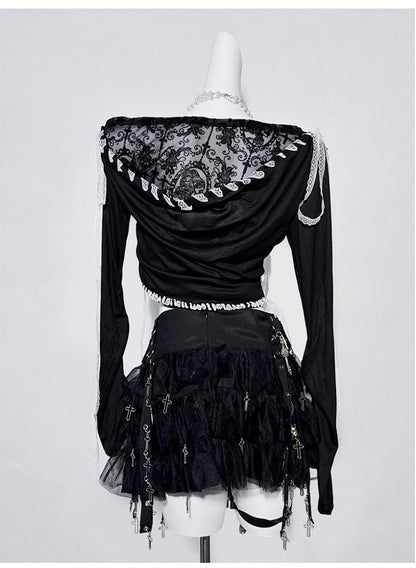 Black Cross Design White Lace Trim Fake Two-piece Top