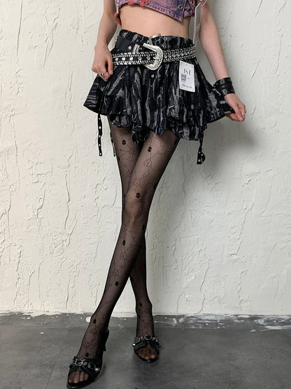 Black Y2K Floral Pattern Tights
