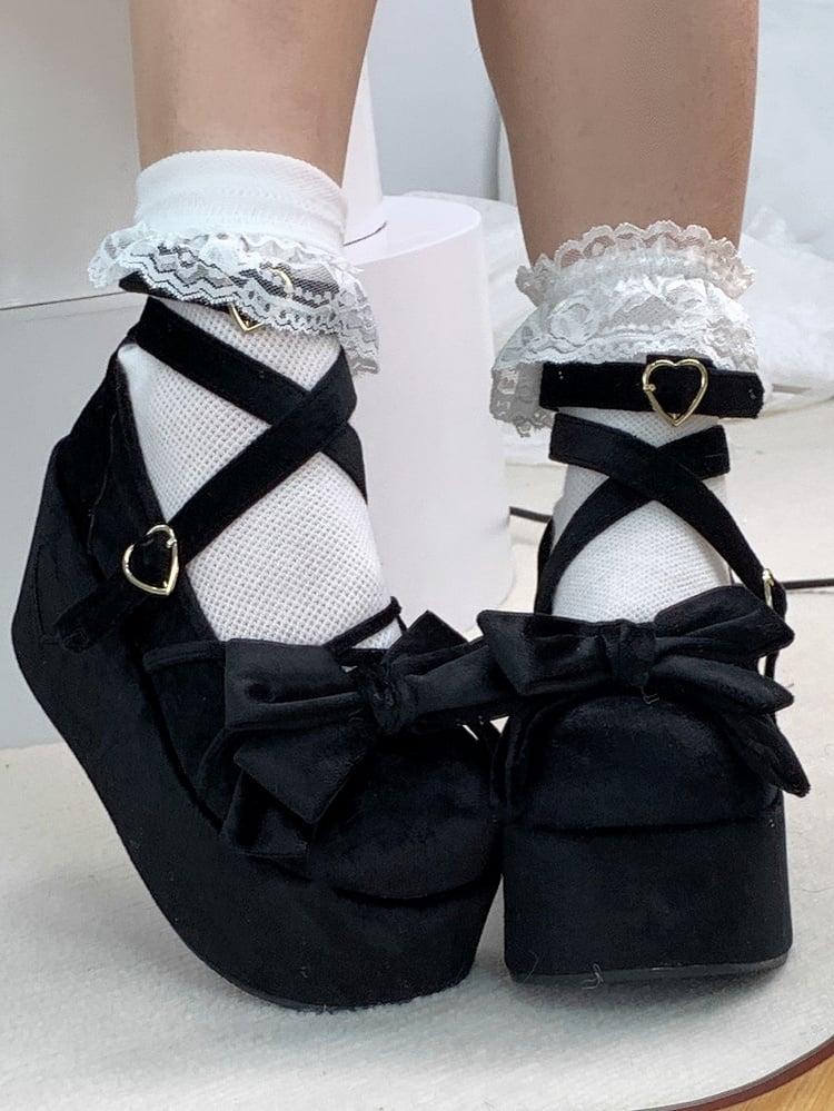 Bow Accents, Crisscross Details & Adorable Buckle Velvet Black Platform Shoes in Sweet Lolita