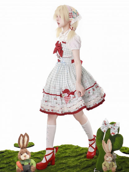 Red Cherry Print Blue Gingham Dress Sweet Lolita Jumper Skirt