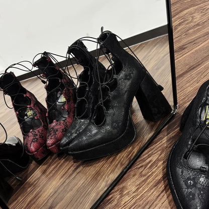 Black Punk Gothic High Block Heels - Black/Red Flower Clips, Back Zip Closures & Crossed Straps