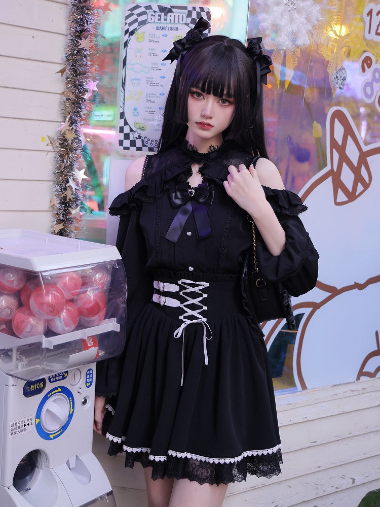 Jirai Kei Open Shoulders Long Sleeves Black Lace Blouse