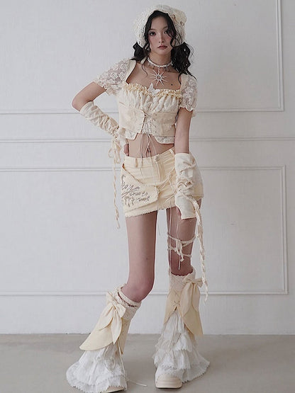Butterfly Decorated Beige Lace-up Detail Puff Sleeves Top