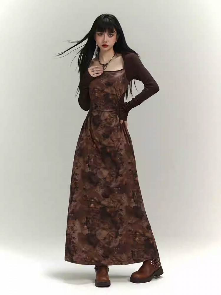 Millard Fashion Brown Square Neck Gathering Details Slim-fitting Dress