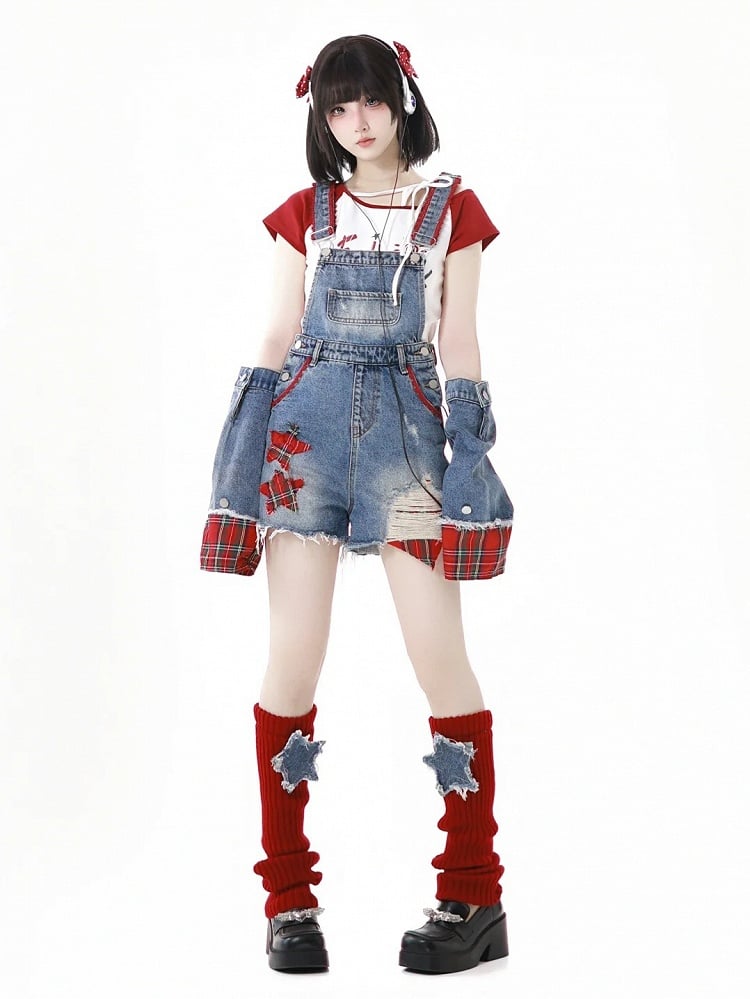 Red & White Colorblock Asymmetrical Neckline Graphic T-Shirt