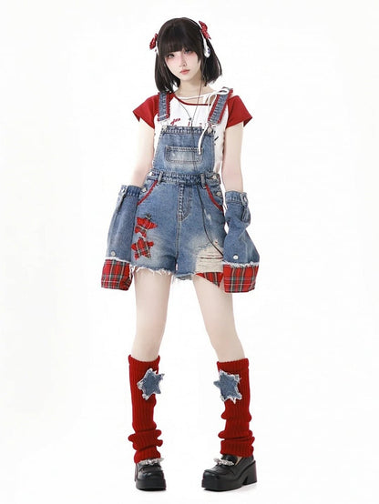 Denim Star Appliques Red Knit Leg Warmers