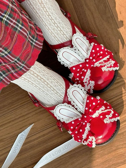 Red Crisscross Design Bunny Ear Polka-dot Pattern Bow at Top Lolita Shoes