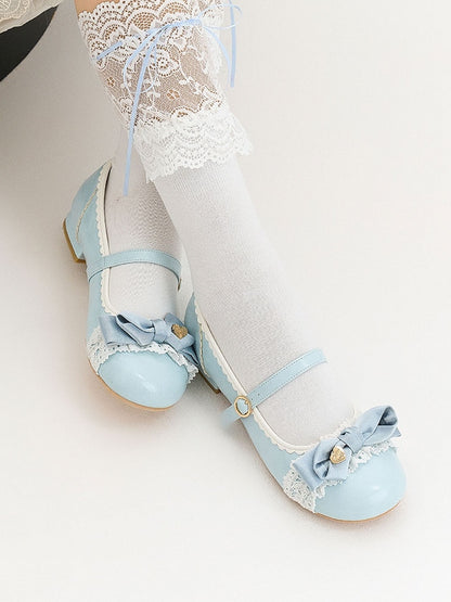 Blue Sweet Berry Low Heels in Lolita Style with Top Bow & Ring Buckle