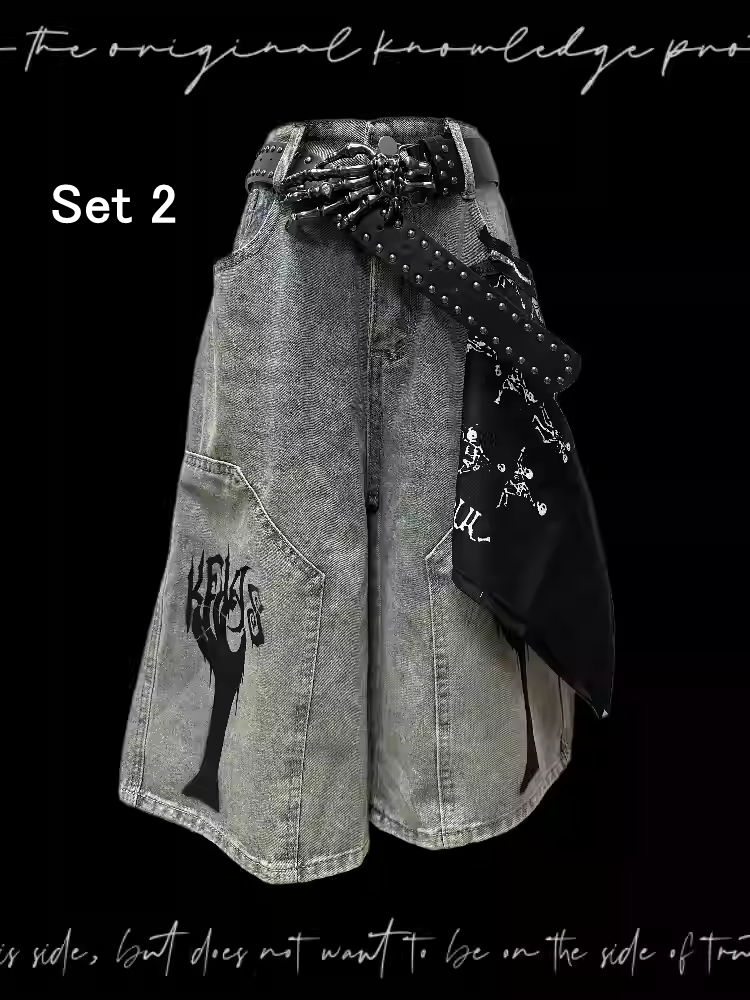 Light Blue Punk Distressed Wide-Leg Jeans