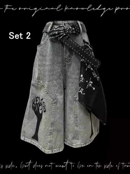 Light Blue Punk Distressed Wide-Leg Jeans