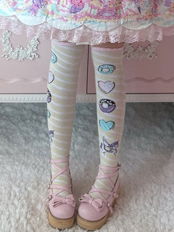 Pink/Yellow/Blue/Purple Unicorn Donut Print Striped Pattern Lolita Over Knee Stockings