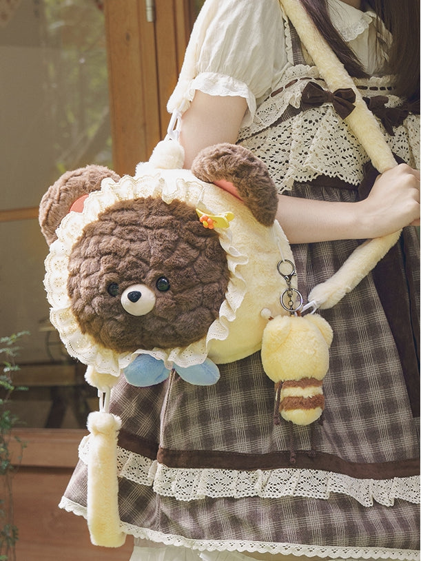 Brown&Beige Bear-shaped Lace Trim Plush Backpack