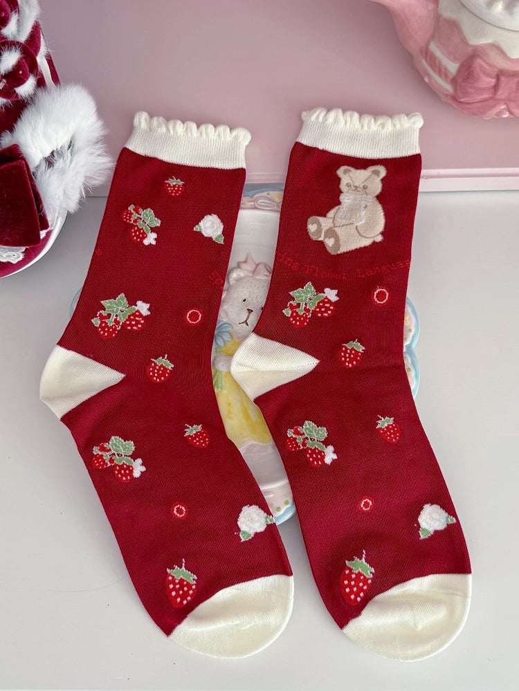 Red/Purple/Black Bear Bunny Strawberry Print Lolita Calf Socks