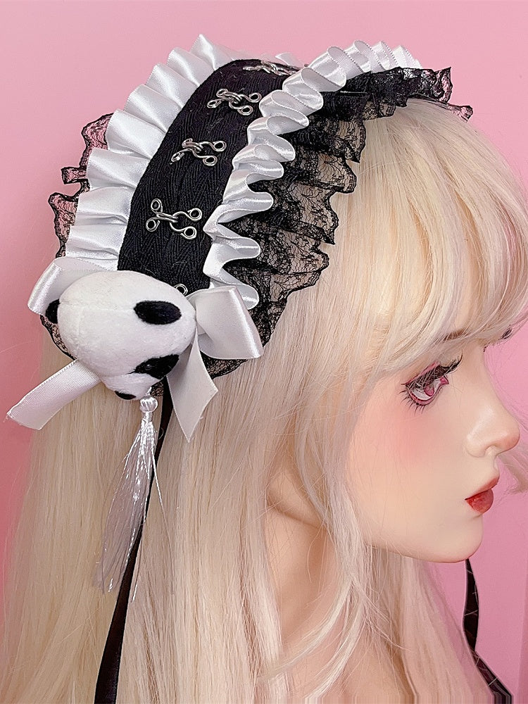 Black/White Jirai Kei Plush Panda Decorated Bowknot Details Ruffled Lace Trim Hairband with Tassels