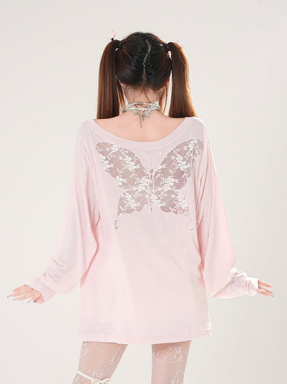 Butterfly-shaped Cutout Detail Back White/Pink Asymmetrical Neckline Top