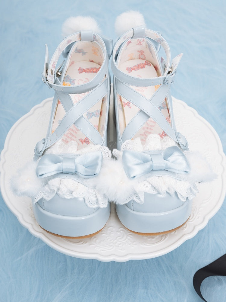 Blue Crisscross Design Plush Bunny Ear Decorated Bow at Top Platforms With Pompon