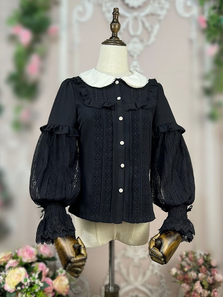Black Peter Pan Collar Vintage Shirt Long Bollon Sleeves Top