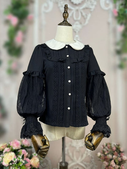 Black Peter Pan Collar Vintage Shirt Long Bollon Sleeves Top