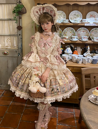 Fairytale Town Theme Cream-colored Square Neckline Sweet Lolita Dress with Bow Accents