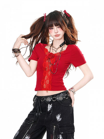 Black/Red Rosette Lace Trim Butterfly Cutout Detail Back Glamorous Cropped Top