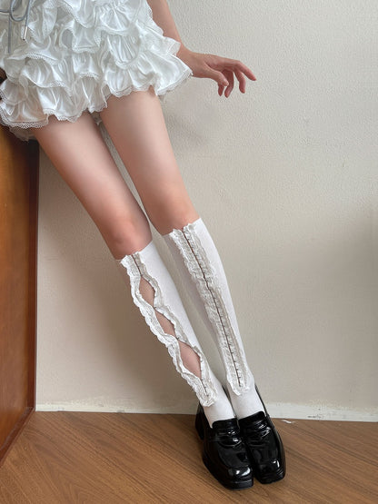 White/Black Ruffle Trim Underknee Stockings
