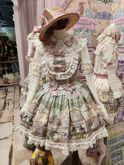 Green Flutter Sleeves Sweet Lolita JSK Dress with Fairytale Town Print and Bow Accents