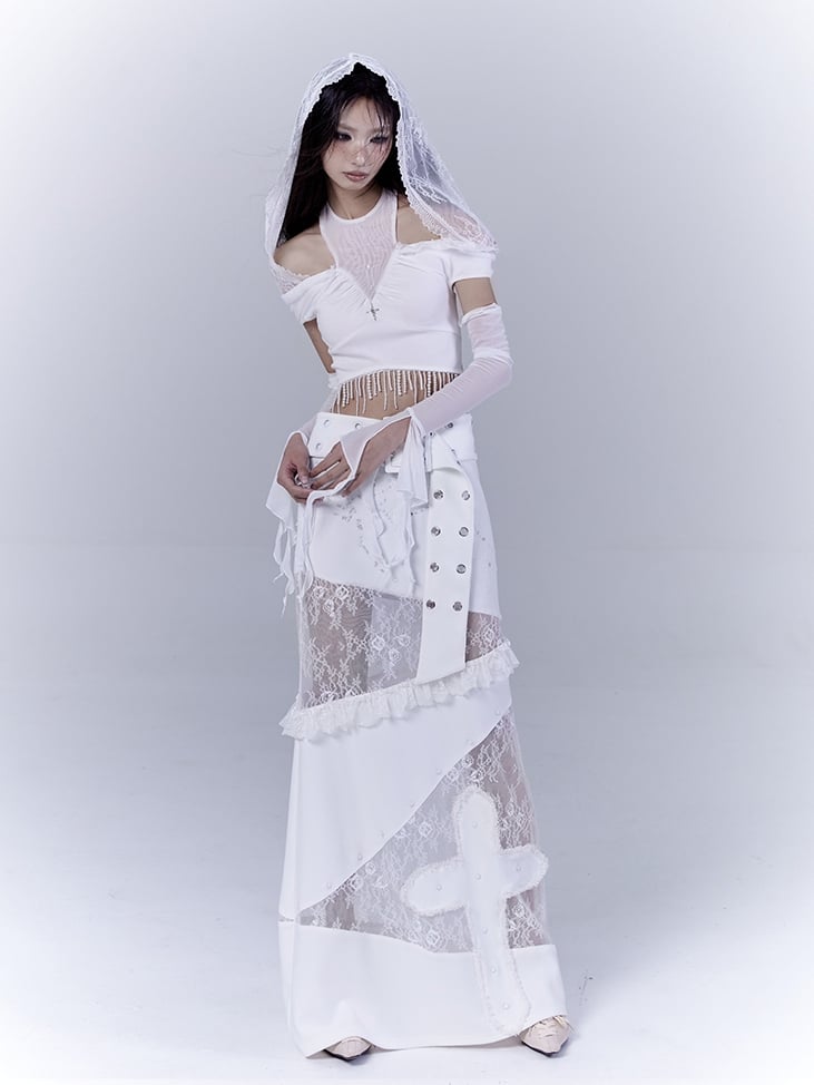 White Low Waist Lace Patches Cross Applique Punk Skirt with Buckle Belt