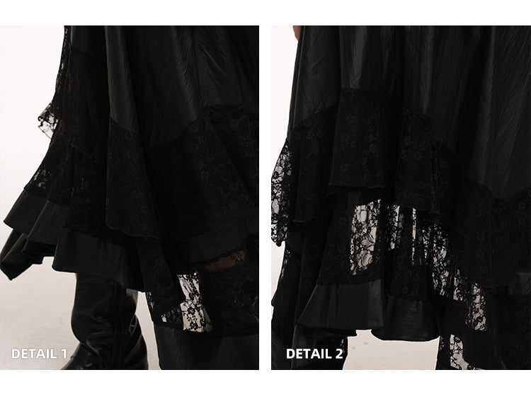 Black Elastic Waist Asymmetrical Hem Lace Patches Skirt