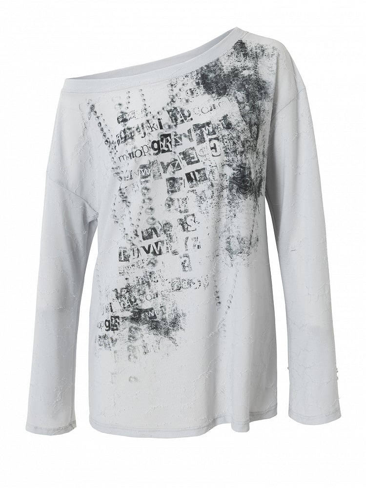 Blue/Beige Wasteland Punk Letter Print Asymmetrical Neckline Long Sleeves Top