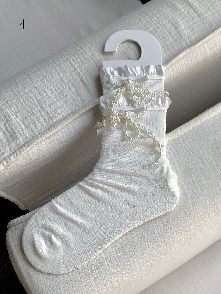 White Beaded Bowknot Decorated Lace Trim Socks