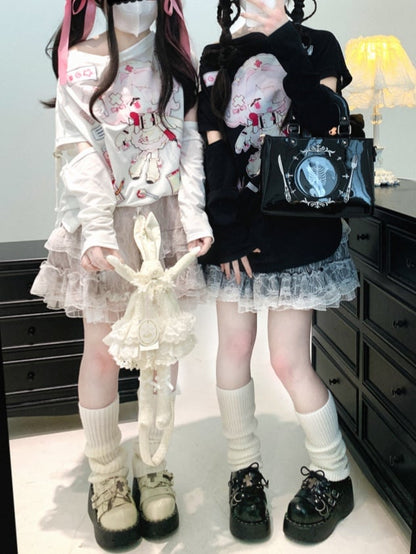 Bunny Ears Design Black/White/Pink Double-Layered Jirai Kei Lace Skirt