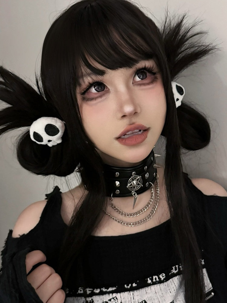 Black Stud Detail Punk PU Choker with Chain