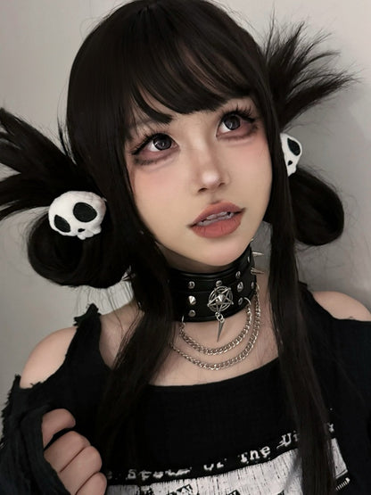 Black Stud Detail Punk PU Choker with Chain