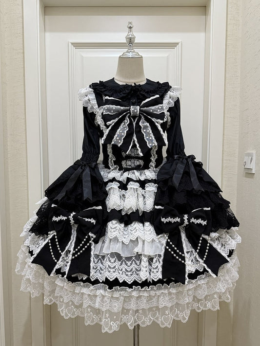 Black Bead Chain Big Bows Decoration Tiered Skirt Hanayome Lolita Dress