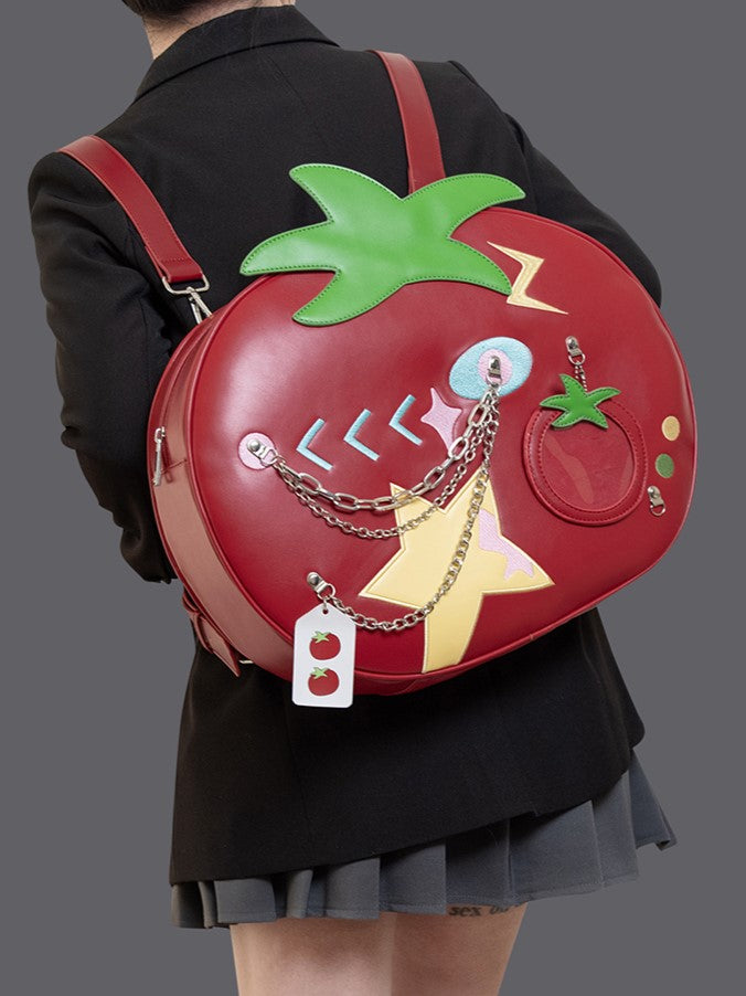2-Way Red Juicy Tomato Backpack With Star Patches And Chain Accents
