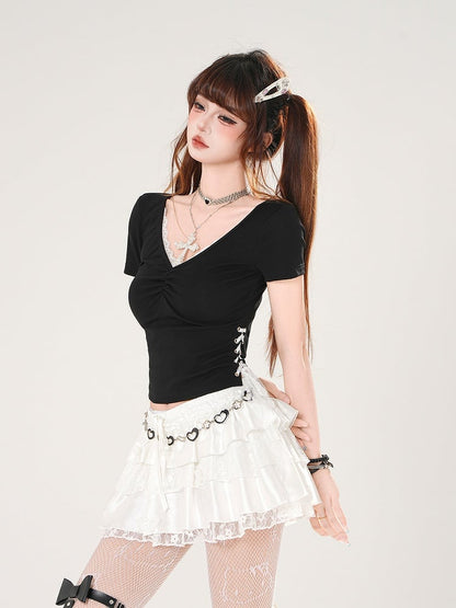 White/Black Elastic Waist Butterfly Appliques Lace Trim Tiered Skirt