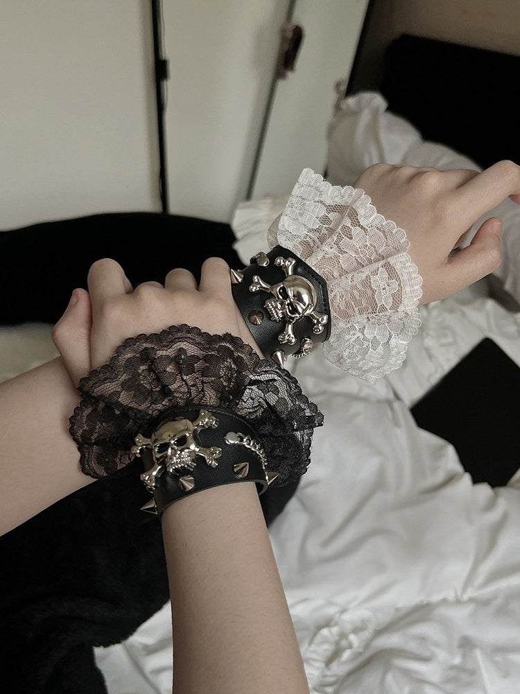 Black and White/Black/White Skeleton and Stud Lace Trim PU Bracelet