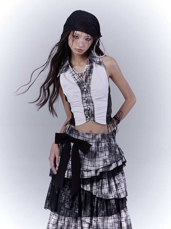 Black Plaid Pattern Shirt Collar Cropped Sleeveless Top with Lace-up Details Side