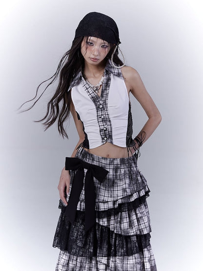 Black Plaid Pattern Shirt Collar Cropped Sleeveless Top with Lace-up Details Side