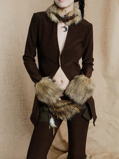 Buckle Strap Dark Coffee Wasteland Punk Top with Plush Collar and Cuffs