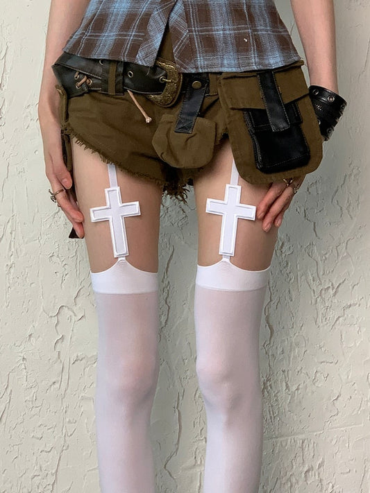 Black//White Y2K Cross Applique Suspender Stockings