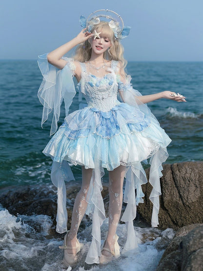 Light Blue Corset Waist Princess Lolita Beads and Sequins Detail Cascading Ruffle Accents Fairy Layered Dress