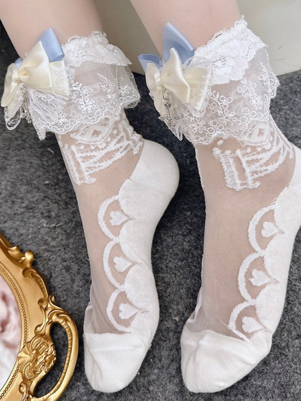 White Lolita Semi-sheer Calf Socks With Lace Cuffs And White/Gray/Pink Bowknot Details