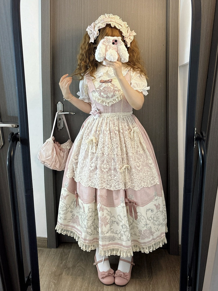 Pink Titmouse and Floral Print Lolita Jumper Skirt