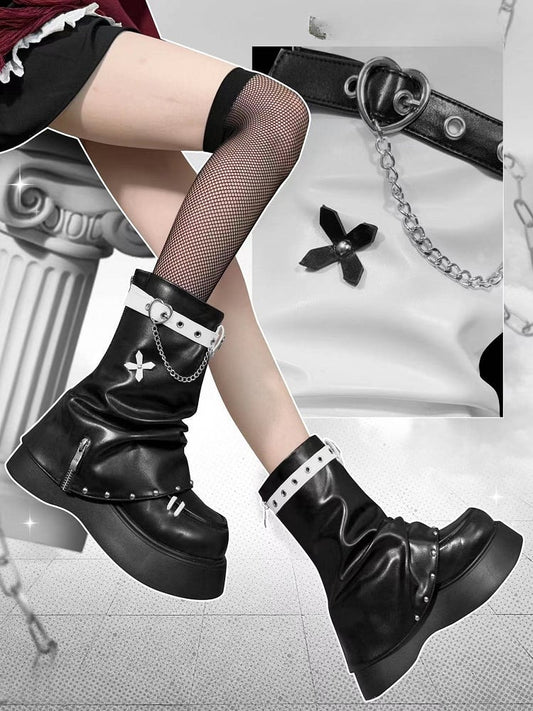 Black Punk Cross Decorated Heart Buckle Studs Details Platform Boots