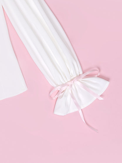 Sweet Ruffle White Shirt with Lace Placket and Flounce Sleeves